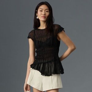 ✨By Anthropologie Sheer Smocked Ruffled Asymmetrical Sweater Black…